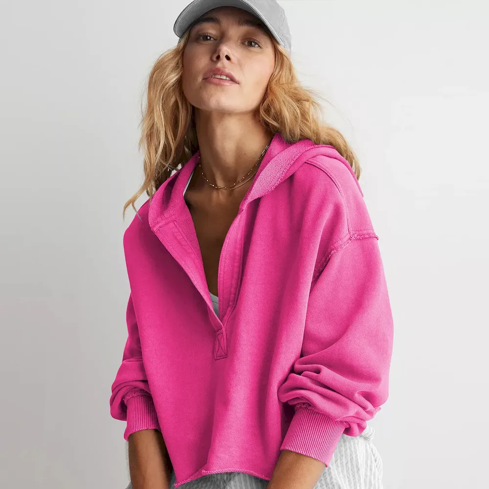 Women Fashion Simple Solid Color V-Neck Long Sleeve Loose Hoodies - Image 6