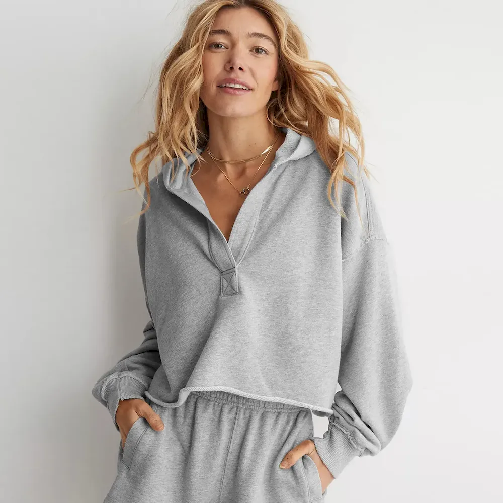 Women Fashion Simple Solid Color V-Neck Long Sleeve Loose Hoodies - Image 7