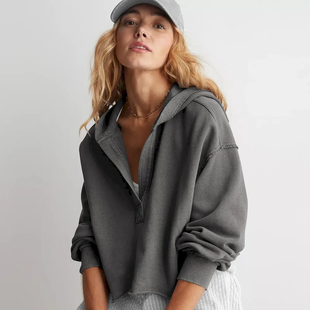 Women Fashion Simple Solid Color V-Neck Long Sleeve Loose Hoodies - Image 8