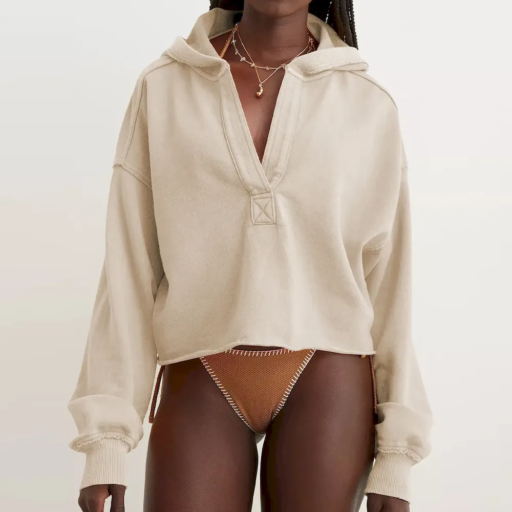 Women Fashion Simple Solid Color V-Neck Long Sleeve Loose Hoodies - Image 9
