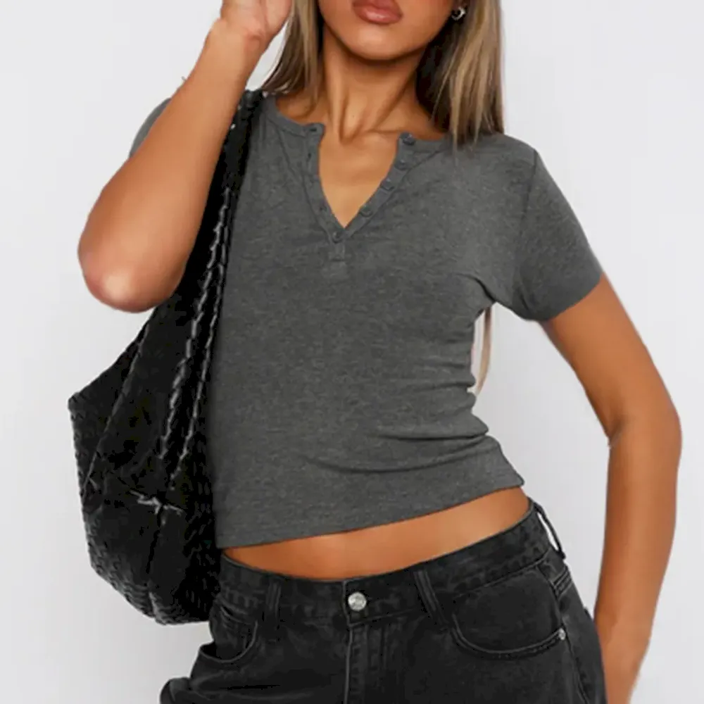 Women Fashion Sexy Solid Color Threaded V-Neck Short-Sleeve Slim-Fit T-Shirt - Image 6