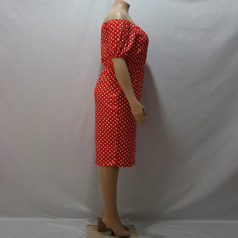 L-4XL Women Plus Size Off-the-Shoulder Lantern Sleeve Polka Dot Printed Bodycon Dress - Image 5