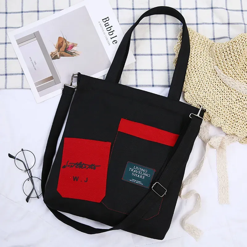 Block Color Large Capacity Canvas Zipper Shoulder Bag - Image 8
