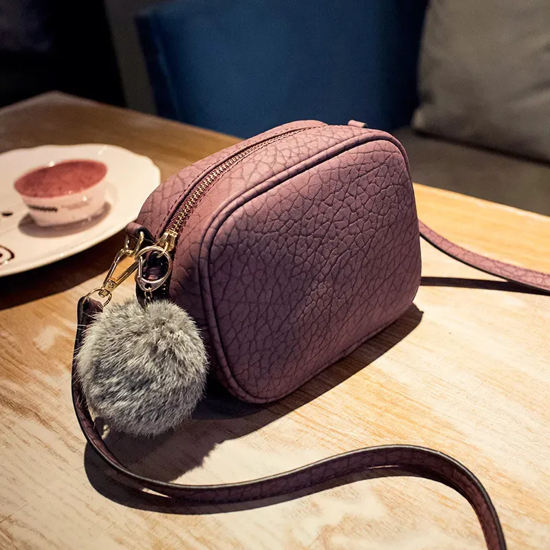 Fashion Women Pompon PU Zipper Crossbody Bag - Image 6