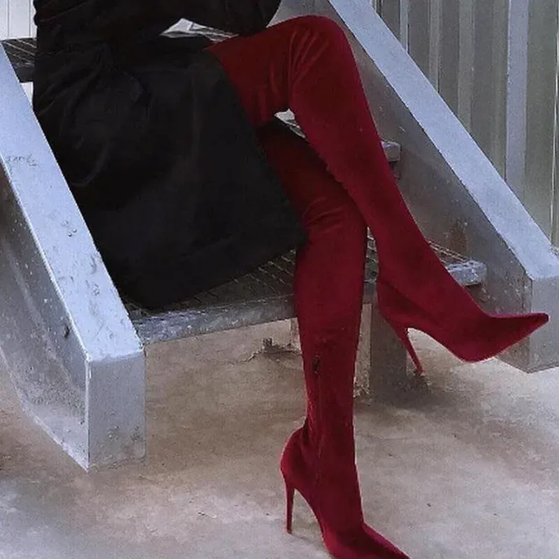 Size:4.5-11 Women Fashionable Solid Color Pointed-Toe Zipper Design Over The Knee Boots - Image 8