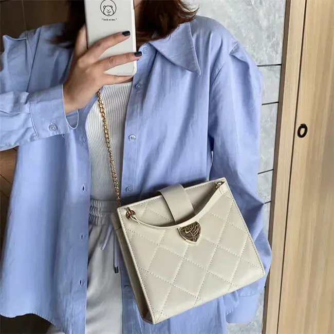 Women Elegant Solid Color Diamond Grid Stitching Heart-shaped Metal Buckle PU Crossbody Shoulder Bag - Image 7