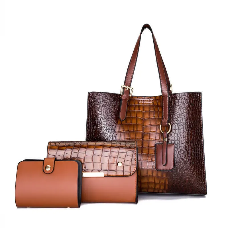 3 In 1 Women Vintage Crocodile Pattern Large Capacity PU Crossbody Shoulder Handle Bag