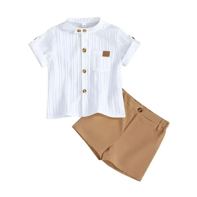 Wholesale Baby'S Boy Casual White Vertical Stripe Short Sleeve Blouse Loose Shorts Two-Piece Set - Image 6