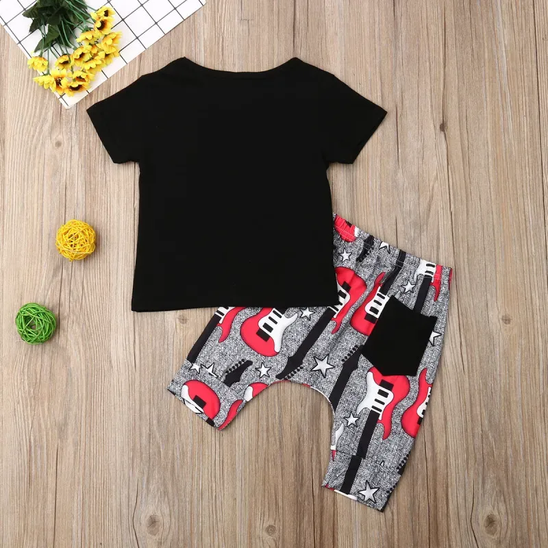 Wholesale Boys Basic Round Neck Short Sleeve Letter T-shirt And Elastic Guitar Harem Pants Set - Image 2