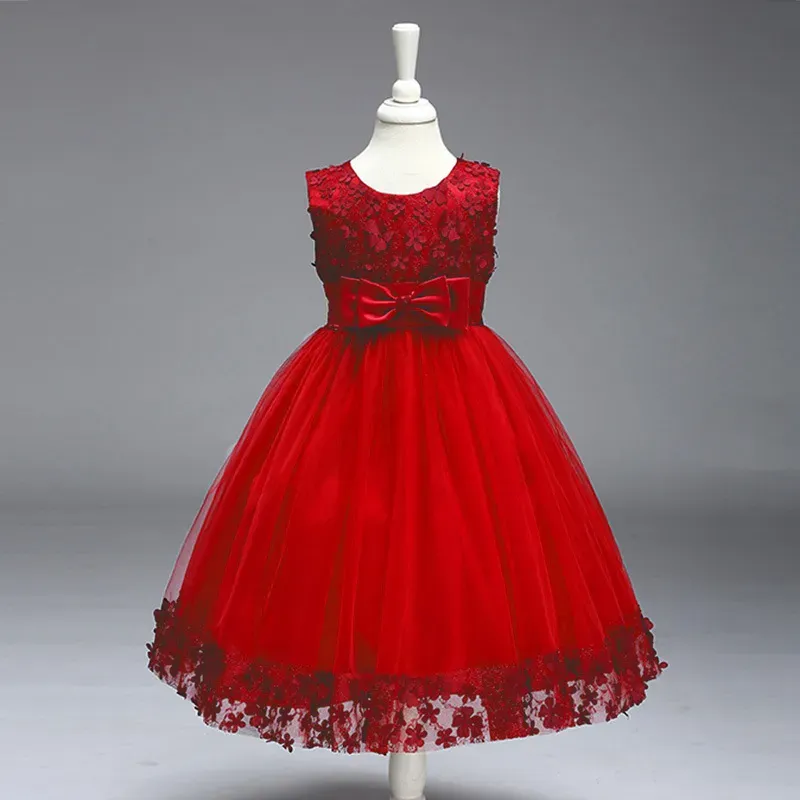 Wholesale Kids Girls Fashion Elegant Solid Color Lace Bowknot Mesh Sleeveless Princess Dress - Image 14