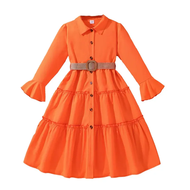 Wholesale Kids Girl'S Fashion Elegant Solid Color Lapel Long Sleeve Ruffled Dress - Image 5