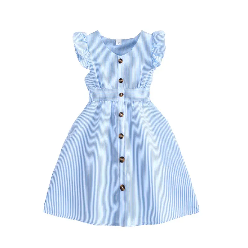 Wholesale Kids Girls Fashion Stripe V-Neck Flutter Sleeve Button Dress - Image 5