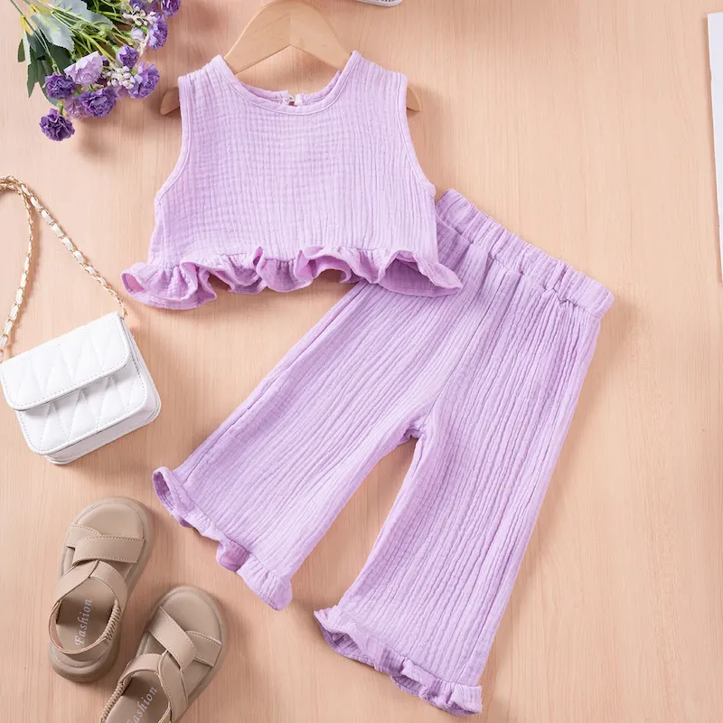 Wholesale Girl'S Fashionable Two-Piece Sleeveless Ruffled Top And Wide-Leg Pants Set - Image 8