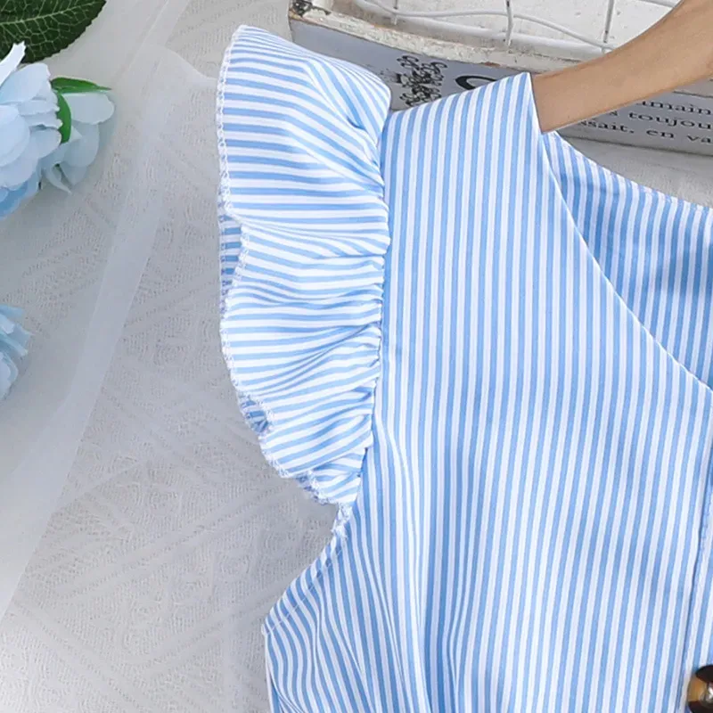 Wholesale Kids Girls Fashion Stripe V-Neck Flutter Sleeve Button Dress - Image 3