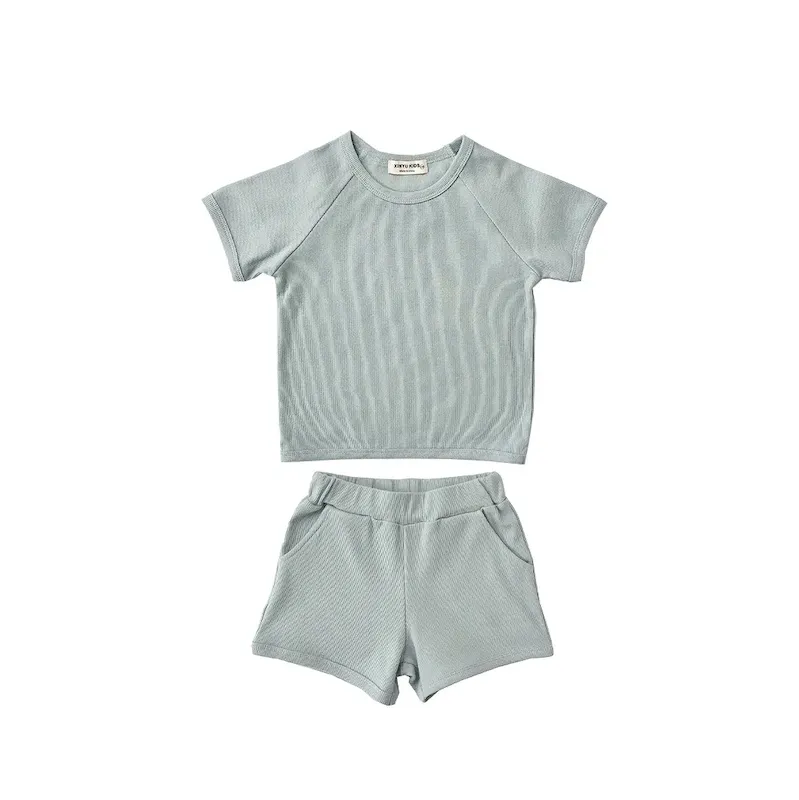 Wholesale Kids Baby Boys Girls Casual Cute Solid Color Rib-Knit Short Sleeve T-Shirt Shorts Set - Image 11