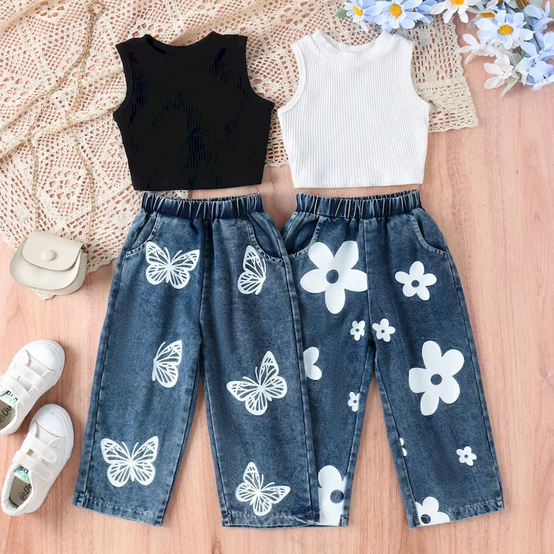 Wholesale Girl'S Fashion Printed Sleeveless Vest And Jeans Two-Piece Set - Image 3