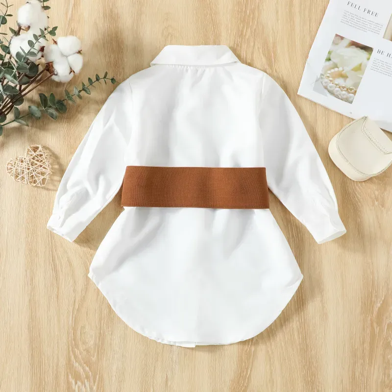 Wholesale Children Kids Toddler Girls Solid Color Lapel White Dresss And Belt 2pcs Set - Image 4
