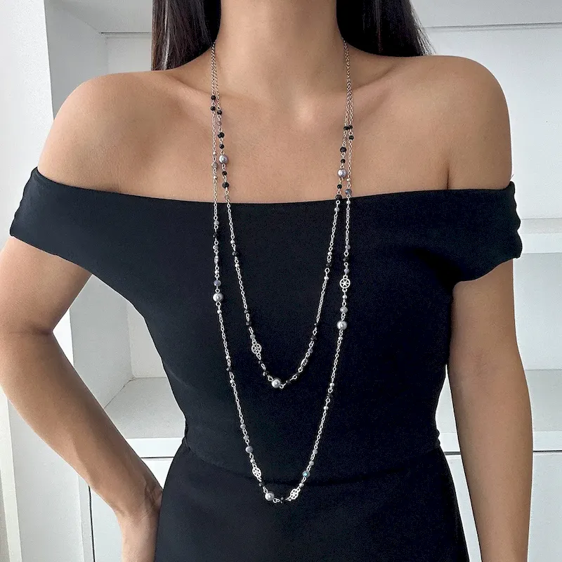 Wholesale Women Fashion Retro Imitation Pearl Tassel Chain Stacked Long Necklace Set - Image 6