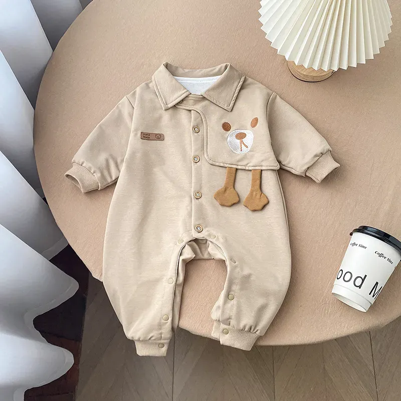 Wholesale Baby Boy Long Sleeve Handsome Cartoon Bear Rompers - Image 5