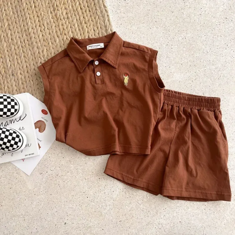 Wholesale Kids Casual Cartoon Embroidery Lapel Sleeveless Loose Top And Elastic Waist Shorts Set - Image 9