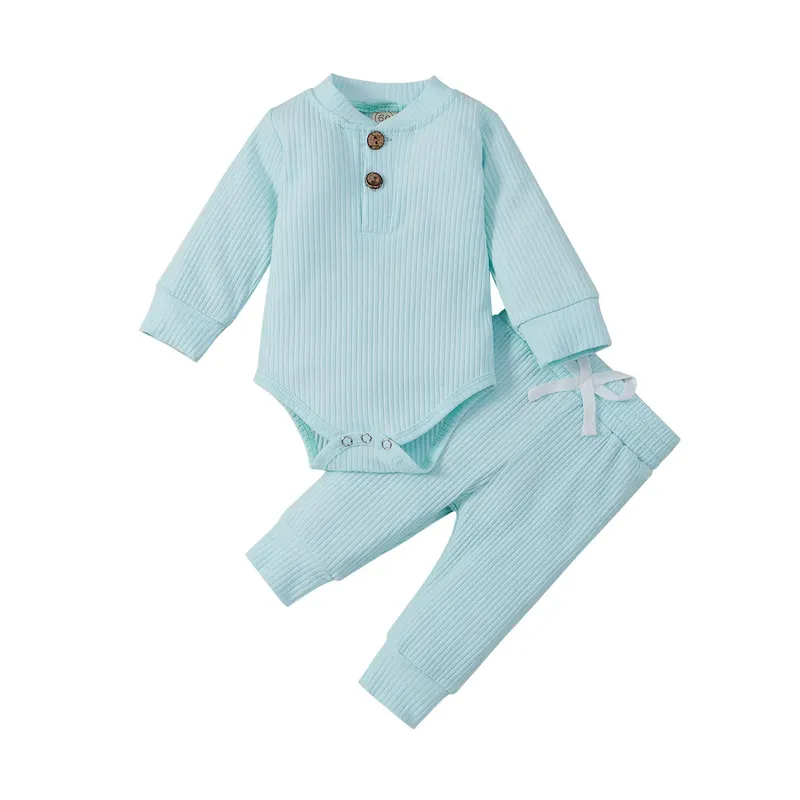 Wholesale Kids Bys And Girls Autumn And Winter Solid Color Stripes Long-Sleeve Bodysuits Drawstring Pants Two-Piece Set - Image 5