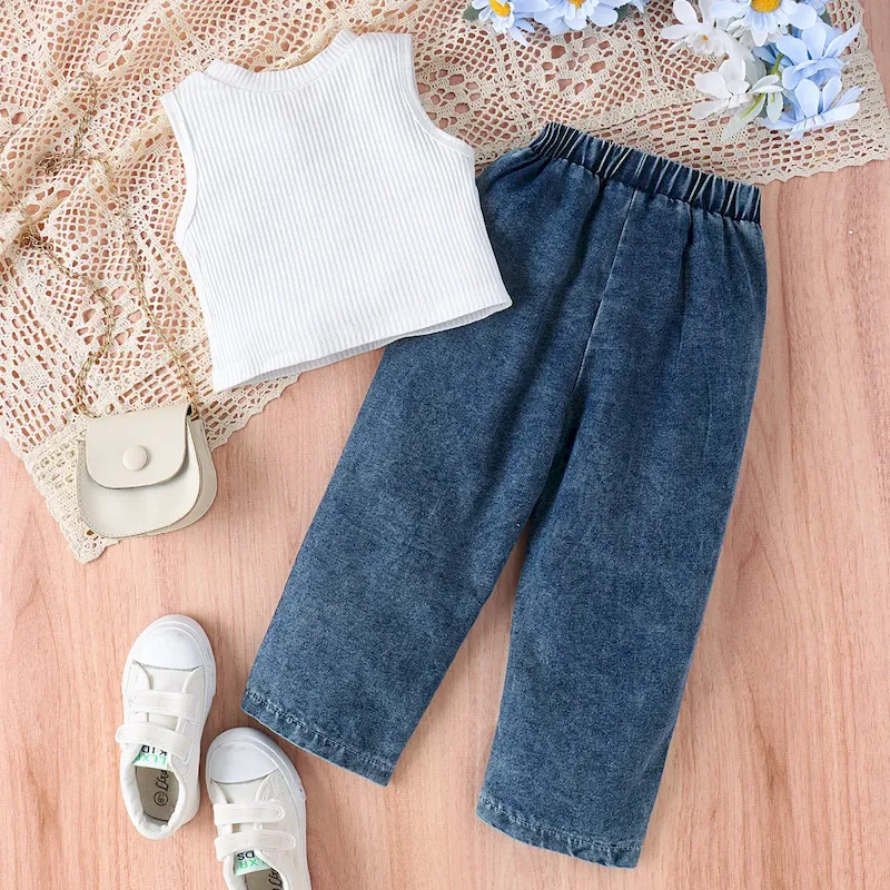 Wholesale Girl'S Fashion Printed Sleeveless Vest And Jeans Two-Piece Set - Image 4