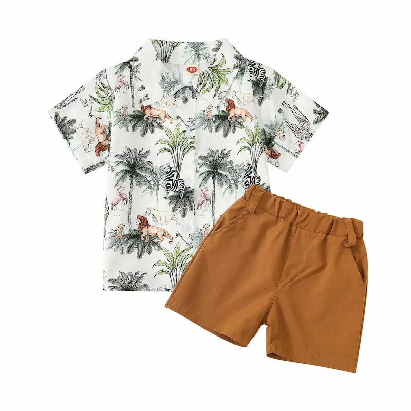 Wholesale Boy Fashion Casual Printed Lapel Short Sleeve Blouse Loose Shorts Two-Piece Set - Image 8