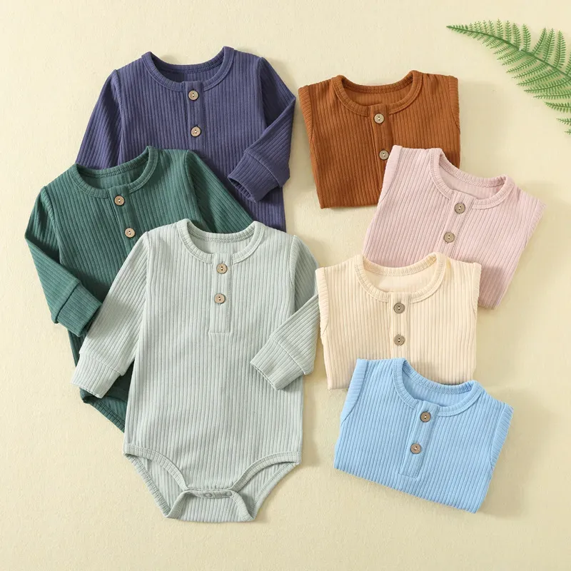 Wholesale Kids Baby'S Boys And Girls Autumn And Winter Solid Color Long-Sleeve Rompers - Image 5