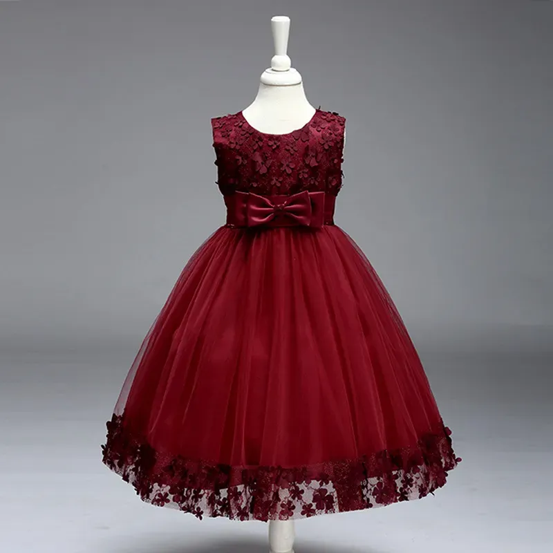 Wholesale Kids Girls Fashion Elegant Solid Color Lace Bowknot Mesh Sleeveless Princess Dress - Image 7