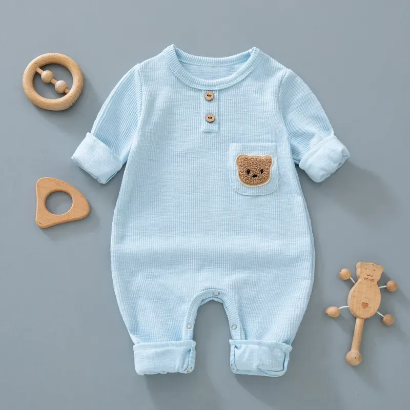 Wholesale Kids Baby Boys Girls Casual Cute Cartoon Bear Long Sleeve Romper - Image 4
