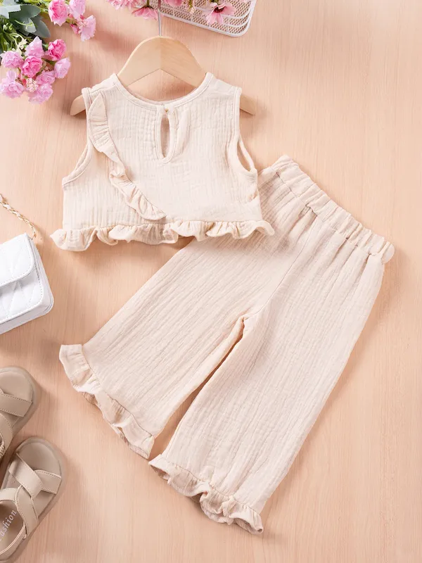 Wholesale Girl'S Fashionable Two-Piece Sleeveless Ruffled Top And Wide-Leg Pants Set - Image 3