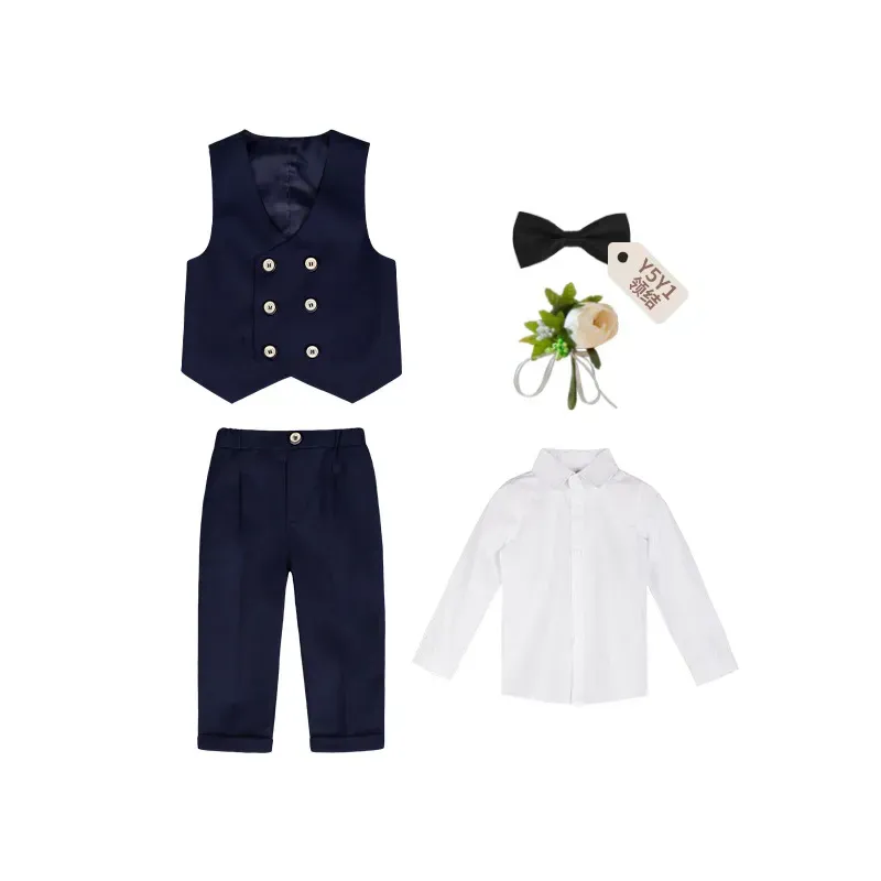 Wholesale Boys' Fashion Solid Color Lapel Long-Sleeve Blouse Tank Top Slim Fit Pants Five-Piece Set - Image 8