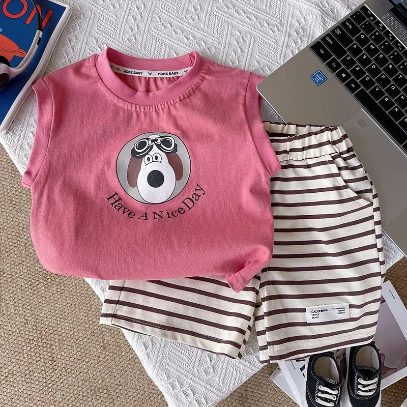 Wholesale Kids Toddler Boys Girls Casual Cute Cartoon Dog Alphabet Print Sleeveless Top Stripe Shorts Sets - Image 7