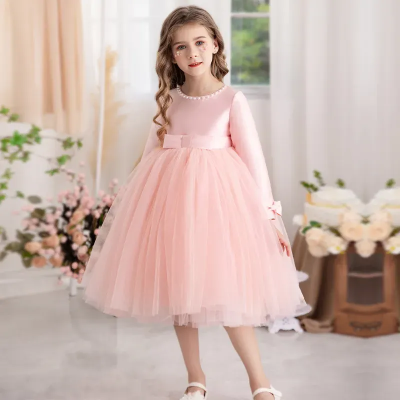Wholesale Kids Toddler Big Girls Casual Party Solid Color Mesh Long Sleeve Pearl Round Neck Tutu Princess Dress - Image 8