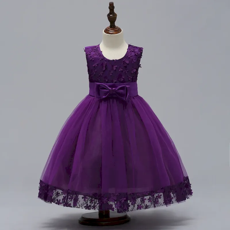 Wholesale Kids Girls Fashion Elegant Solid Color Lace Bowknot Mesh Sleeveless Princess Dress - Image 12