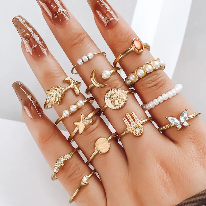Wholesale Women Fashion Simple Imitation Pearl Moon Drop Oil 14-Piece Set Ring