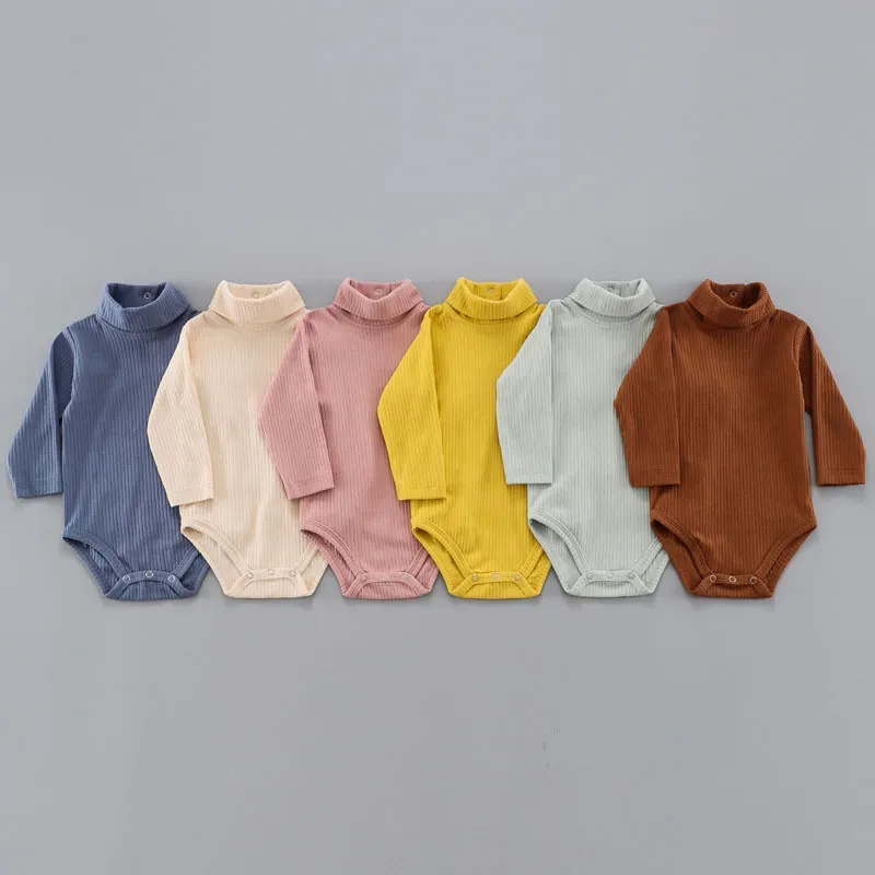 Wholesale Kids Baby Girls And Boys Autumn And Winter Solid Color High Neck Long Sleeve Rompers - Image 4