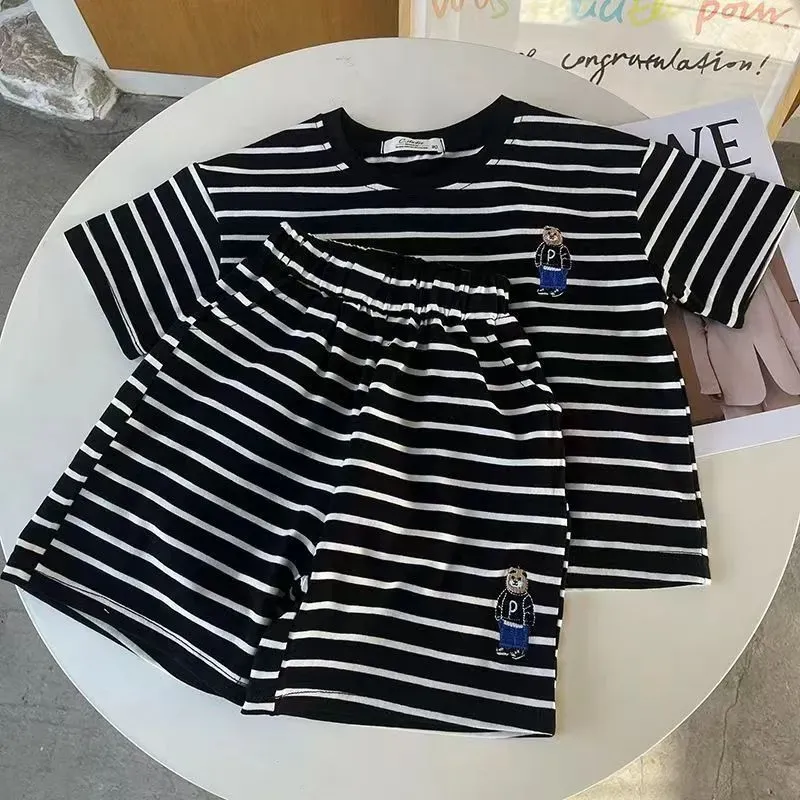 Wholesale Boy'S Fashion Casual Stripe Bear Short-Sleeve T-Shirt Loose Shorts Two-Piece Set - Image 2