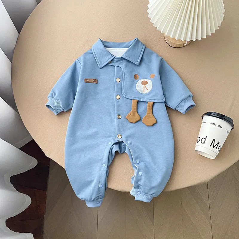 Wholesale Baby Boy Long Sleeve Handsome Cartoon Bear Rompers - Image 3