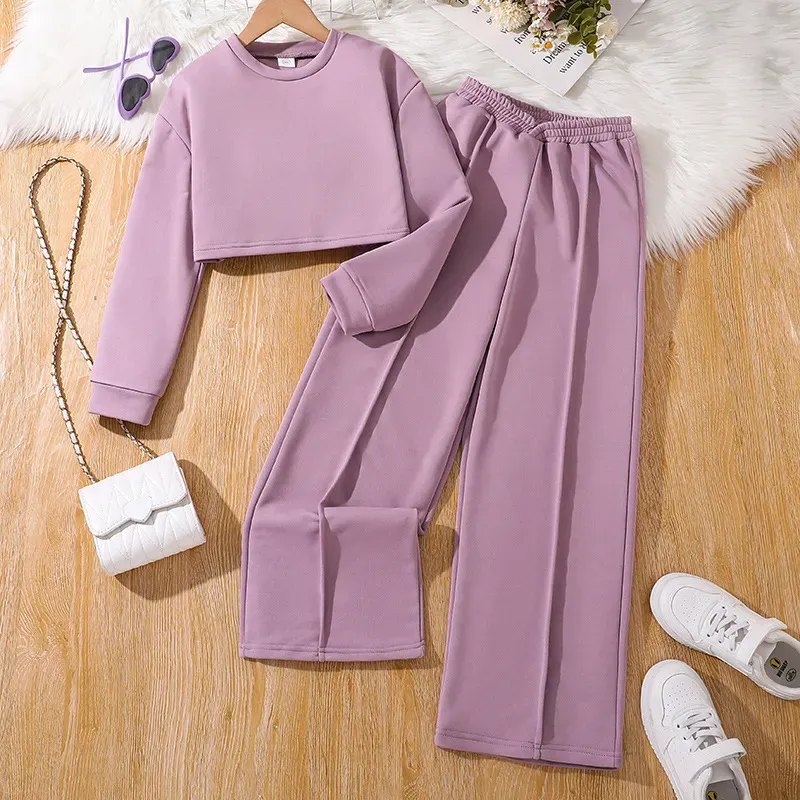 Wholesale Kids Girls Fashion Casual Solid Color Long-Sleeve Sweatshirt Wide-Leg Pants Two-Piece Set - Image 7