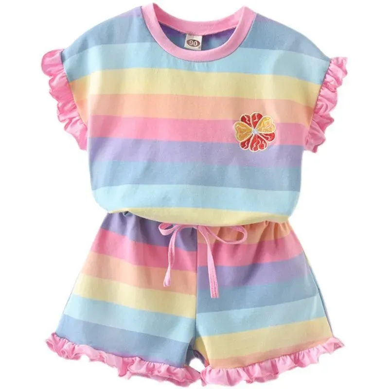 Wholesale Girl'S Fashion Rainbow Stripe Print Ruffled Shorts Two-Piece Set - Image 6