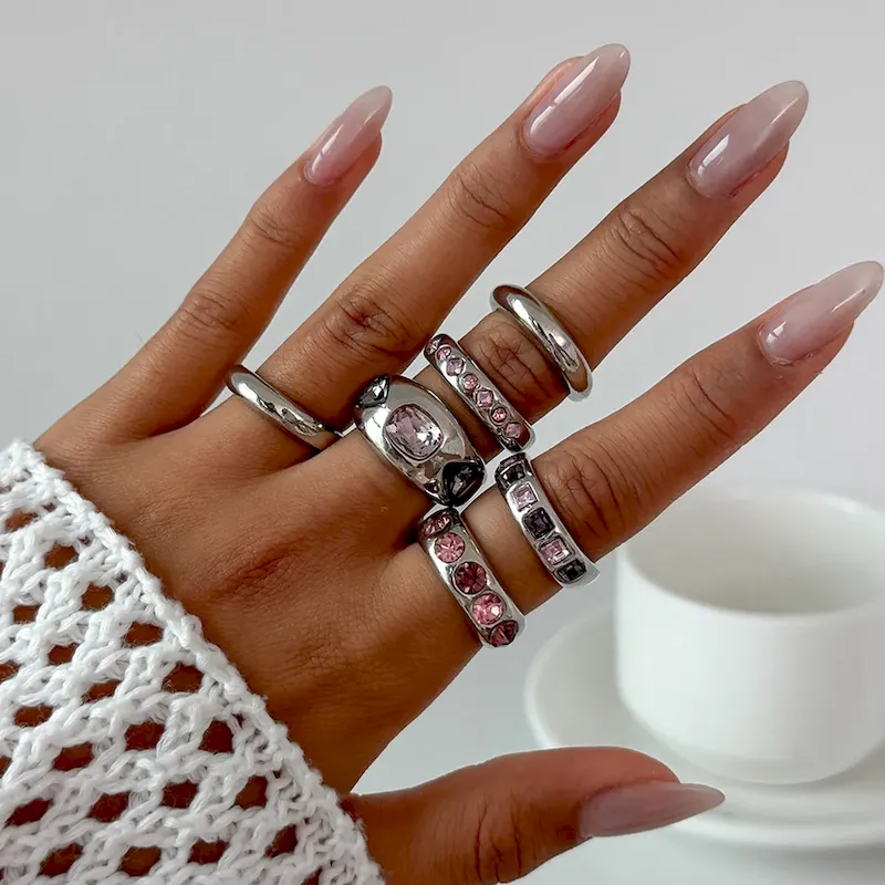 Wholesale Women Fashion Multicolor Gem Inlay Metal Glazed Ring 6-Piece Set