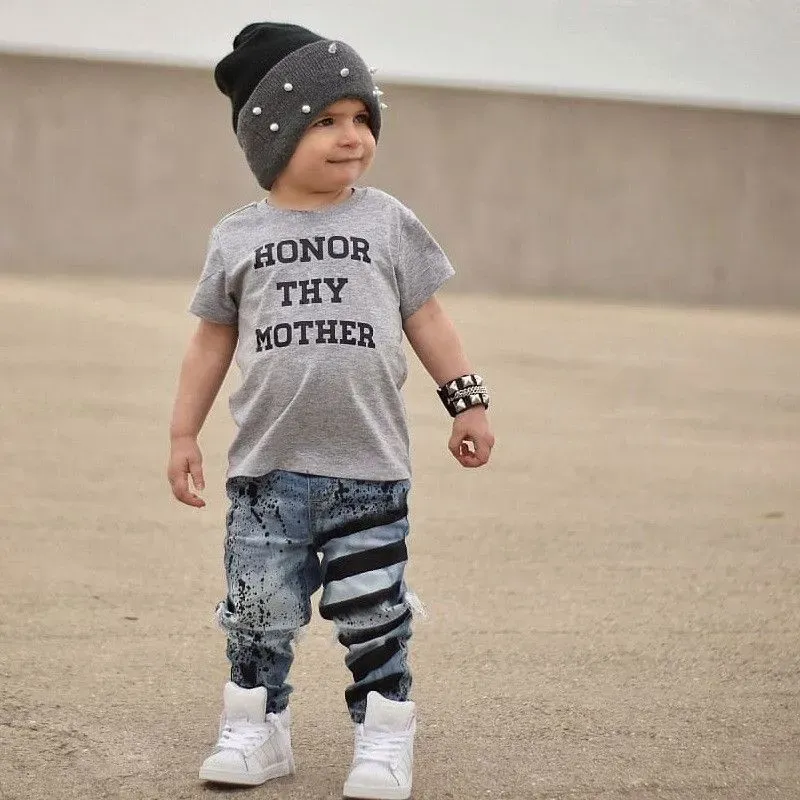 Wholesale Wholesale Boy Girl Letter Print Short Sleeves Grey T-shirt - Image 5