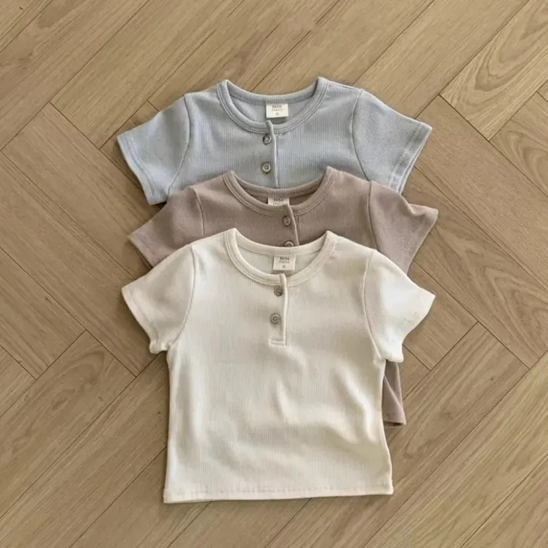 Wholesale Kids Baby Fashion Casual Solid Color Cotton Round Neck Short-Sleeve T-Shirt - Image 5