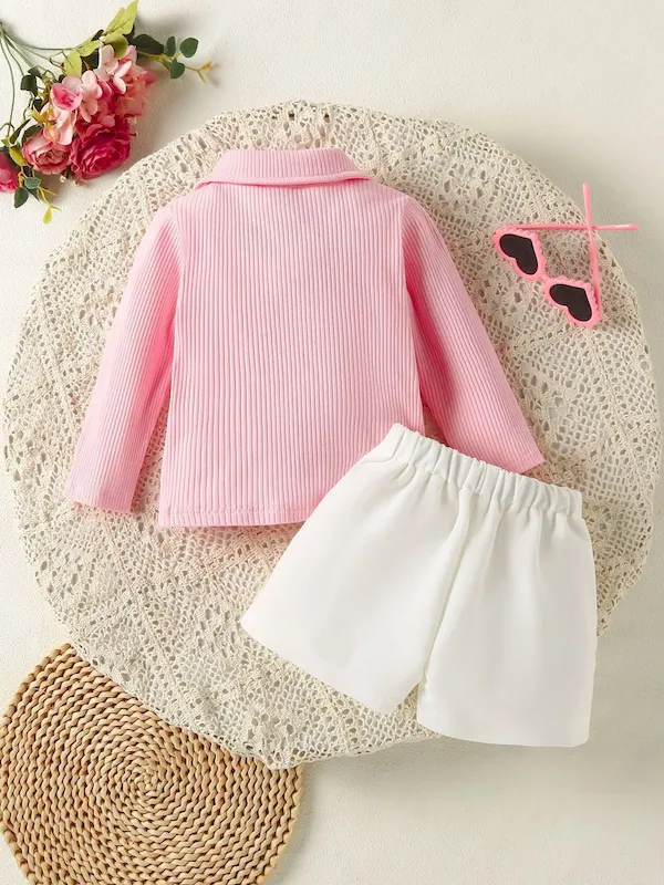 Wholesale Kids Girls' Fashion Solid Color Lapel Long Sleeve Top Pleated Flower Shorts 2-Piece Set - Image 2