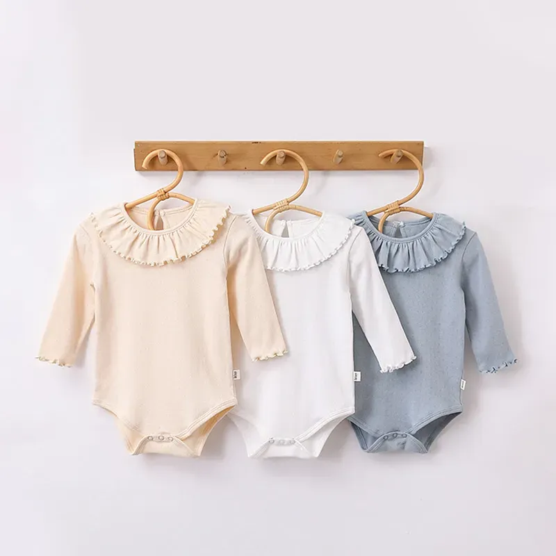 Wholesale Kids Baby Girl Fashion Solid Color Ledge Collar Long-Sleeve Cotton Rompers - Image 3