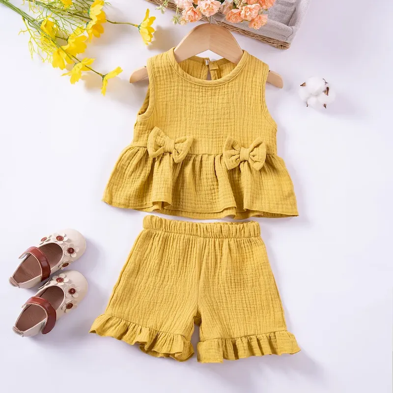 Wholesale Summer Girls Sweet Cute Bow Cotton Tank Top Shorts Ruffled Set - Image 5