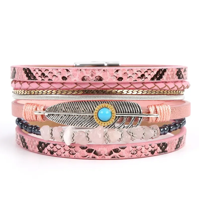 Wholesale Women Fashion Boho Multi-Layer Plant Leaf Gravel Natural Stone Bracelet