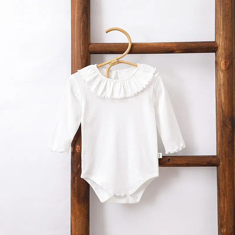 Wholesale Kids Baby Girl Fashion Solid Color Ledge Collar Long-Sleeve Cotton Rompers - Image 6