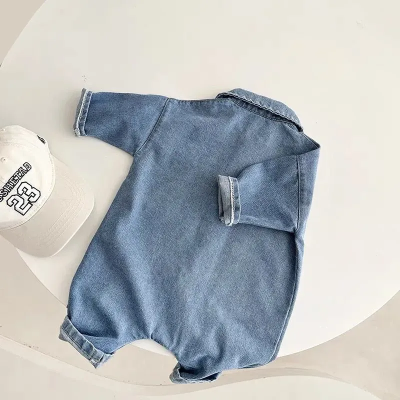 Wholesale Baby Girls Boys Bear Embroidery Short Sleevv Denim Rompers - Image 4